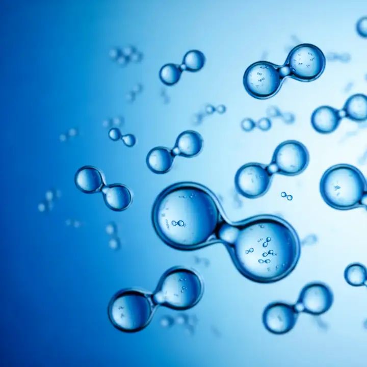 Symbolbild Wasserstoff Transparente Doppelbläschen vor blauem Hintergrund